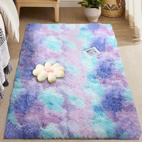 CUIMEI Teppich Wohnzimmer Shaggy 100 x 160 cm, Anti-Rutsch Unterseite, Waschbar Bis 30 Grad, Super Soft, Felloptik, Einfache Reinigung, Teppich Rund Langflor Modern, Blaue Farbe