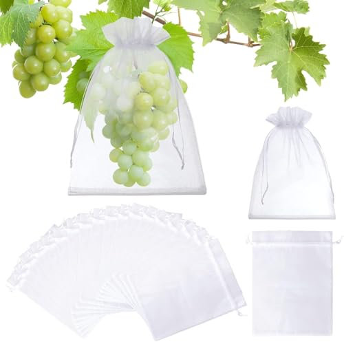 40Pcs Fruit Protection Bags 8x12 inch, White Fruit Net Bags, Small Mesh Netting Cover with Drawstring Protectors Pest Barrier for Mangoes Tomatoes Trees Veggies Garden