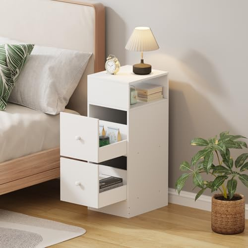 Rainbow Tree 25cm Narrow Bedside Table White with 2 Drawer&Open Shelf, Slim Table Cabinet for Small Space, Nightstand End Side Table for Bedroom (White, 25Wx30Dx66H cm)