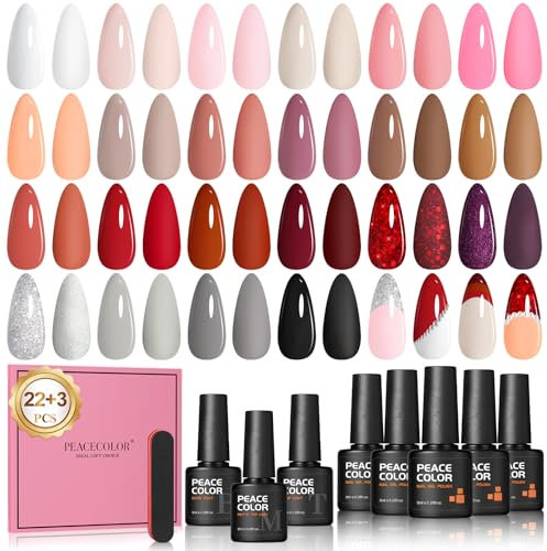 PEACECOLOR Gel Nail Polish-25Pcs 8ML Soak Off Nail Polish Set Red Nude Brown,Gel Nail Kit with Glossy Matte Top Coat,Colorful Nail Polish Set for Beginner
