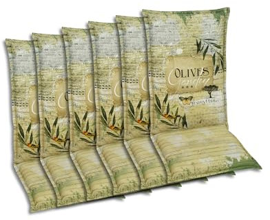 GO-DE Textil Bequeme und attraktive Polsterauflagen für Hochlehner-Gartenstühle (6er-Set, Olive Grün, Hochlehner)