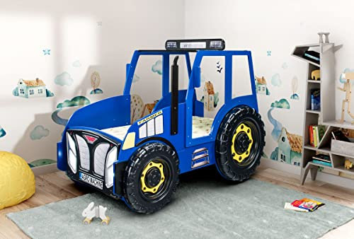Generisch Kinderbett Kinderzimmerbett Bett Traktor blau mit Lattenrost und Matratze 90x180 cm, 10 cm hoch
