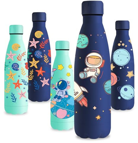 Vikastar Borraccia Termica, 500ml senza BPA, Thermos per Bevande Calde, a Prova di Perdite, Borraccia Bambini, Acciaio Inox per Scuola, Sport, Palestra, Ciclismo, Blu-Astronauta
