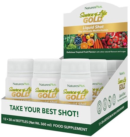NaturesPlus Source of Life Gold Liquid Multivitamin 30 ml Shots - High Potency Vitamins, Minerals, Superfoods Supplement - Energy Boost, Immune Support - Gluten Free, Vegetarian - (Pack of 12)
