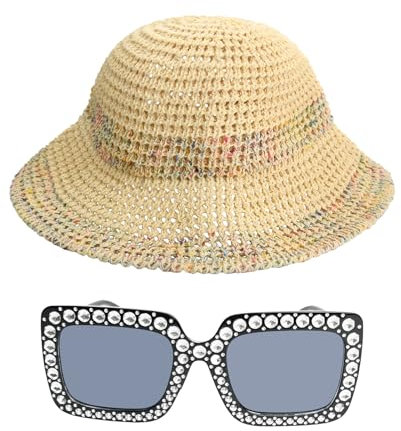 Hoxfly Strohhut Damen, Faltbarer Verstellbar Sommer Stroh Sonnenhut mit 1 Sonnenbrille, Leichter Sommerreise Strohhut für Frauen, Breite Krempe Strand Sonnenhüte für Reisen, Outdoor, Urlaub (Beige)
