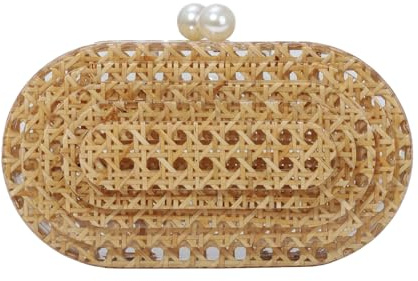 Jywmsc Rattan Acryl Kupplung für Frauen Formale Perlen Abend Handtasche Sommer Strand Wicker Umhängetasche Hochzeit Gast Handtasche