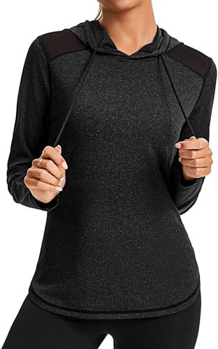 Gyabnw Ladies Gym Athletic Long Sleeve Hoodie Mesh Fabric UV Protection Perfect for Gym Running Yoga Black
