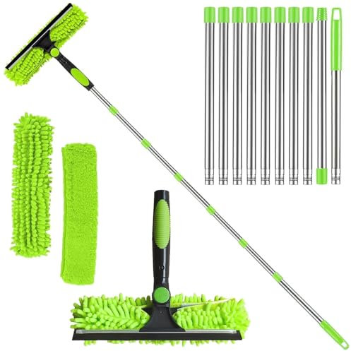 4.5M Window Squeegee Cleaner Tool Kit with Long Handle, 2 in 1 Extendable Window Cleaning Kit with Squeegee and Microfiber Cloth for Indoor/Outdoor High Window, Wall and Car (Green)