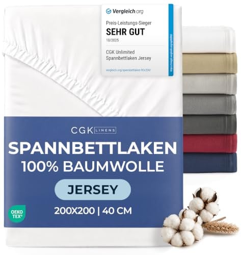 Spannbettlaken Jersey 200x200 - Baumwolle Boxspringbett 40cm tief - Weiß | Spannbetttuch, Rundumgummi, Dehnbar, Weich, Atmungsaktiv, Knitterfrei, Pflegeleicht, Baumwoll-Jersey, Bis 40cm, OEKO-TEX