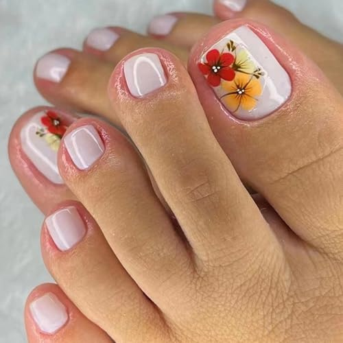 24Pcs French Tip False Toenails, Short Square Orange Flowers Glossy Fake Toe Nails Tips, Full Cover Elegant Press on Toe Nails, Acrylic Summer Beach Stick on Toenails for Women Girls DIY Nail Art