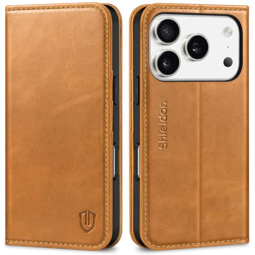 SHIELDON Lederhülle für für iPhone 17 Pro 6,3 5G 2025, Retro Hellbraun | Rindsleder Hülle, Kartenfach, Stand, RFID Blocker, Magnetverschluss, Handy-Ösen, TPU Schutzhülle, Stoßfeste Handyhülle