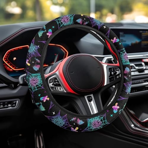 Wanyint Universal Auto Lenkradhülle mit Bat-Pilz-Spinnennetz-Aufdruck 38 cm Lenkrad-Verkleidung Auto-Interieur-Accessoires Halloween-Dekor