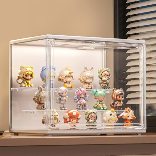 GUDEMAY Stapelbare Acryl-Vitrine mit LED, Schaukasten für Sammlerstücke | Staubdichte Display-Box mit 3 Stufen & Magnettür. Idealer Setzkasten für Funko Pop, Klemmbaustein-Minifiguren & Blindboxen