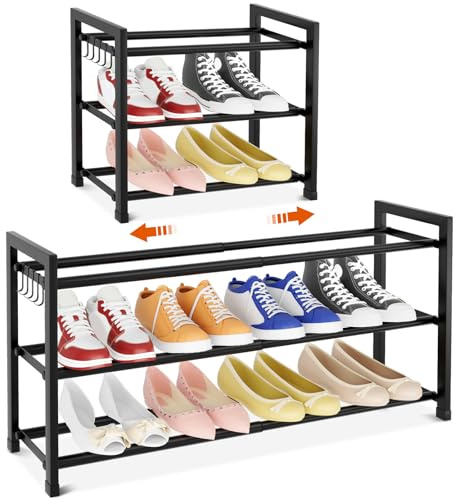 Vicye Schuhregal Ausziehbar 3 Ebenen, Schuhregal Schmal Klein Schuhständer Teleskop 47 to 84 cm mit 5 Haken für 12 Paare, Schuhaufbewahrung Platzsparend Shoe Rack Metall für Diele Flur Garage Schwarz