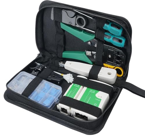 COEWUR 12 in 1 Netzwerk Werkzeug Set RJ45 RJ11 LAN Reparatur Werkzeug Kit | Professionelles RJ45 RJ11 Krimpzange mit Abisolierzange, Netzwerk Kabeltester für Cat5 Cat5e Ethernet Kabel mit RJ45 Steckern