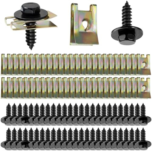 AROMUJOY 100 Stück Blechmutter Schraube Mutter Clip Kit, 50 Sätze Karosserieschrauben Set Metall, U-Typ Blechmuttern Blechschrauben, Karosserie Klemmen Schnappmutter Set für Stoßstangen, Kotflügeln