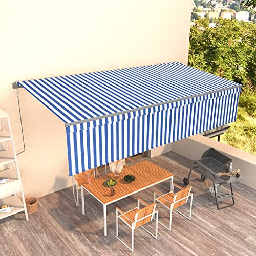 Automatische Einziehbare Markise mit Volant, 6x3 m, Blau-Weiß, UV-beständig, Wasserfest, Aluminiumrahmen, für Balkon und Terrasse