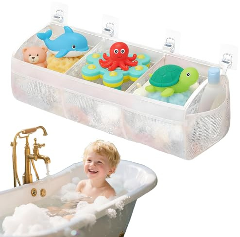 Bath Toy Storage Net, Breathable Mesh Bathroom Toys Storage, 3 Compartment Large Opening Net with 2 Side Pockets and 4 Strong Self Adhesive Hooks, Bath Gametoy Tidy (White)