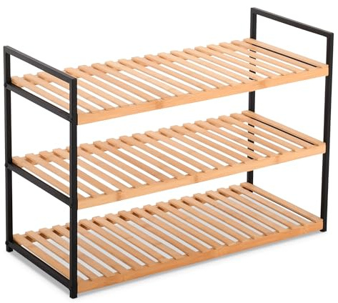 Raburg Kava Schuhregal, 3 Böden, Metall/Bambus, Schwarz/Holz | 3 Böden, Metallgestell, Bambus, für Flur, Schlafzimmer und Eingangsbereich