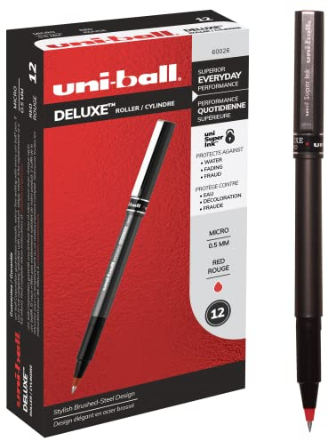 uni-ball Deluxe Rollerball Pens, Micro Point (0.5mm), Red, 12 Count