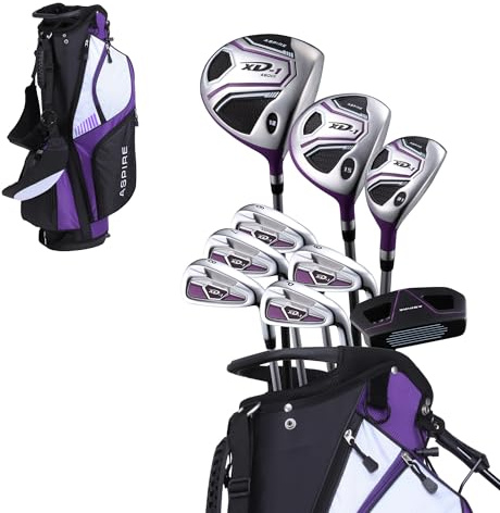 Aspire XD1 Womens Golf Clubs Full Set, Includes Driver, Fairway, Hybrid, 6-PW Irons, Putter, Stand Bag, 3 H/C's, Ultra-Light Graphite Shafts, Golf Clubs Women Right Handed, Comes in 3 Sizes, Purple