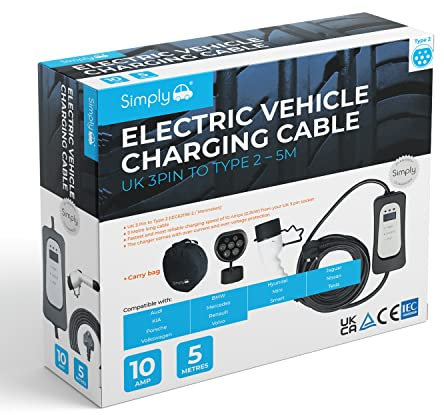 Simply Auto EV007 Electric Vehicle Fast-Charging, Lightweight, Durable and Flexable Cable - UK 3 Pin to Type 2-5M compatible with BMW, Porsche, Jaguar, Tesla