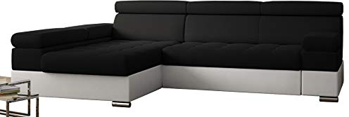 PAOLO Ecksofa Schlaffunktion, Eckcouch mit Bettkasten, Freistehendes Schlafsofa, L-Form Ecksofa, Schlafsofa mit bettfunktion, L-Form Sofa (Schwarz + Weißer Kunstleder (EKO)