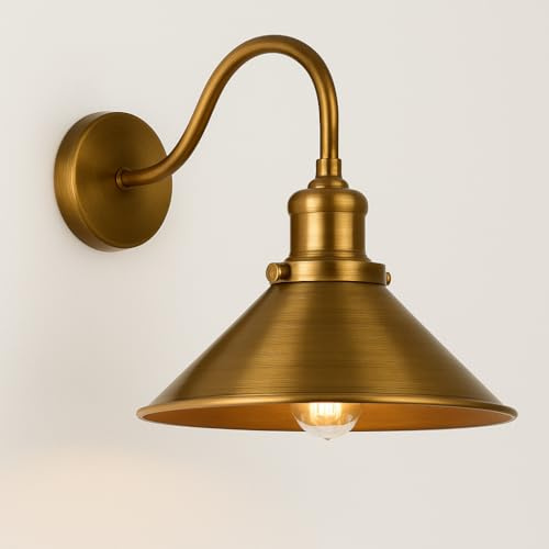 Retro Wall Light Lamps, Island Edison Swan Neck Metal Arm E27 Sconce, Cone Light Shade 22cm, Reading, Bedside Lamp, Kitchen, Indoor, Living room, Modern Industrial Wall Fittings (Yellow Brass)