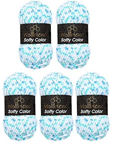 Wollbiene Softy Color 5 x 100 Gramm Chenillewolle Strickwolle, Babywolle, 500 Gramm Wolle Super Bulky (weiß-blau-türkis 110)