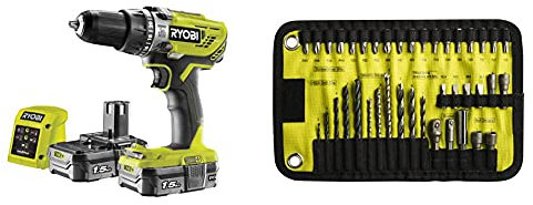 Ryobi R18PD3-215GZ 18 V ONE+ Cordless Combi Drill Starter Kit (2 x 1.5 Ah) & RAK40RM Roll Mat Kit (40 Piece)