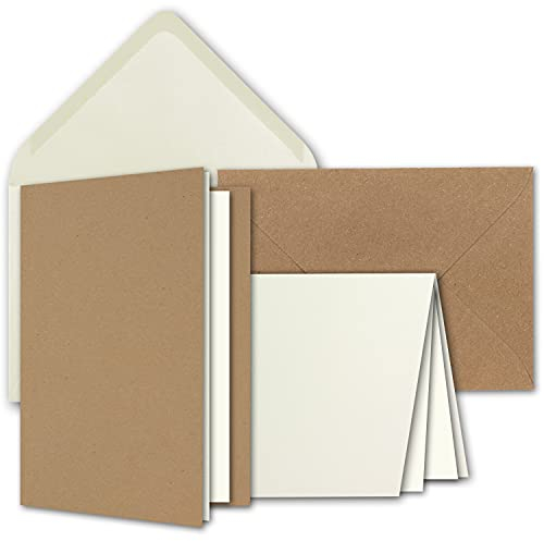 NEUSER PAPIER Kartenpaket DIN A6 + C6 in Naturweiß und Kraftpapier Braun - 30 Doppelkarten und 30 Briefumschläge - Mit 50 Einlege-Faltblättern - Kartenset mit Umschlägen inklusive Geschenkschachtel