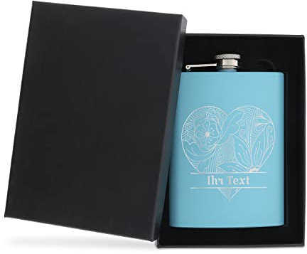 Edelstahl Flachmann Blau mit personalisierter Gravur – Motiv Herz – Geschenkverpackung – Taschenflasche mit Wunschgravur – Geschenkidee zum Valentinstag, für Trauzeugen und Skifahrer – STEMPEL-FABRIK