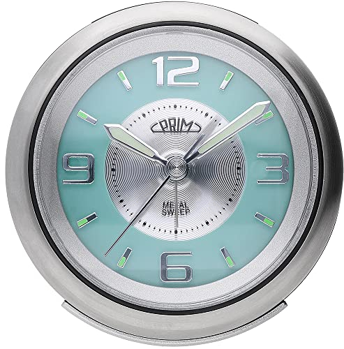 PRIM Steel Wecker Modern Alarm Clock, Metall und Kunststoff, Silber/Blau, LED Nachtlicht, Analog, Quarz-Uhrwerk Sweep, Lauter Alarm, Snooze, Schlummerfunktion Nachttisch Dekoration
