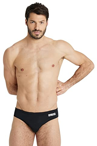 ARENA Men’s Team Solid Swim Brief MaxLife Athletic Swimwear Professional Training Swimsuit Sports Bathing Suit, Black/White, US Size 26
