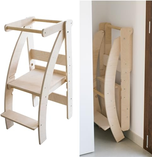 SWEETME Learning Tower zusammenklappbar aus Holz, Montessorianischer Turm für Kinder, 3 Höhenstufen, bequemer Hocker für Eltern…