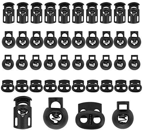 40 Stück Kordelstopper Kordelklemme Federschnurschlösser Kunststoff Rutschen Kordelklemme Gummikordel Stopper Schnellverschluss Schnürsenkel Tanka Kordelstopper 2 Loch, 1 Loch Schwarz