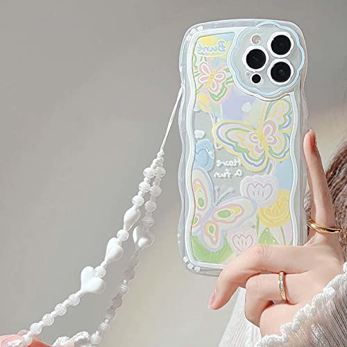 Bakicey Handyhülle für iPhone 11 Pro Bunter Schmetterling Blumen Aesthetic Hülle mit Perlenkette Transparent Design Mädchen Glitzer Kristallklar Weiche TPU Wellen Case für iPhone 11 Pro