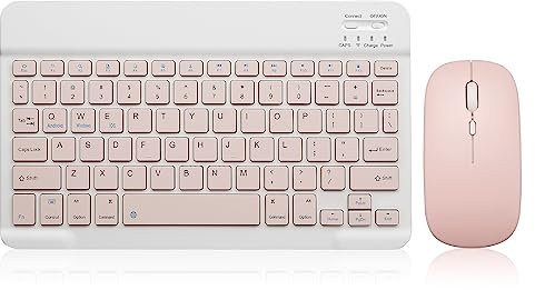 Ensemble clavier et souris Bluetooth rechargeables et portables pour Apple iPad, iPhone iOS 13 et supérieur, Samsung, tablette, téléphone, smartphone, Android Windows (10 pouces, rose)