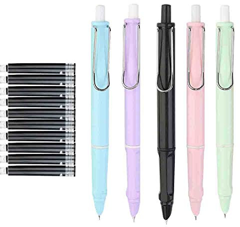 KULSUM 5PCS Retractable Fountain Pen, 0.38mm Press Type Refillable Ink Writing Pen with 10 Black Ink Sac, Extra Fine Point Pen, Smooth Writing for Writing, Painting, School, Office