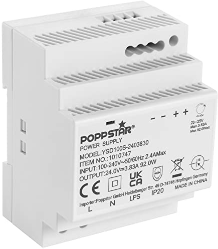 Poppstar Alimentatore per guida DIN P-100-24- 24V 3,83A 92W (Ingresso 100-240 V AC 50/60 Hz, Uscita 24 V DC 3,83 A 92 W)