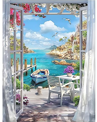 MXJSUA 5D Diamond Painting, DIY Broderie Paysage Bord de mer Paysage de Bateau Diamant Painting Kit Complet, Peinture Diamant Artisanat Strass Point de Croix Painting pour Adultes, 30x40cm