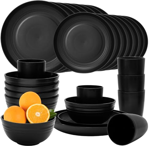 Dhnvcud Juego de 24 platos negros, vajilla para camping Pure Living, irrompible, de plástico, informal, juego de platos para 6 personas, 12 platos planos, vajilla para 8 personas, moderno