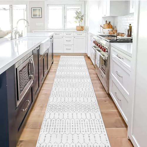 Lahome Marokkanischer Küchenläufer, rutschfest, waschbar, rutschfest, extra lang, für Flur, moderner geometrischer Druck, weiß, weicher Bodenteppich für Badezimmer, Eingangsbereich, Foyer Hana