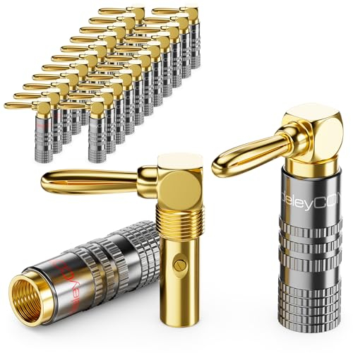 deleyCON 24 Piezas Conectores Tipo Banana Juego 90° Acodado - Dorado Enroscable para Cable de Altavoz Cable de Altavoz 0,75 mm - 4,5 mm & p.ej. HiFi Cine en Casa Receptor