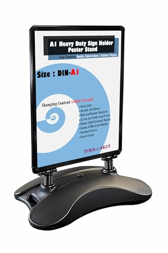 TUKA-i-AKUT A1 Support d'affiche Double Face Aluminium Panneau Antireflet, Stop Trottoir Exterieur et Intérieur, Robuste Présentoir Publicitaire Stable Pied et Roulettes, Wind-Sign TKD8425 Noir