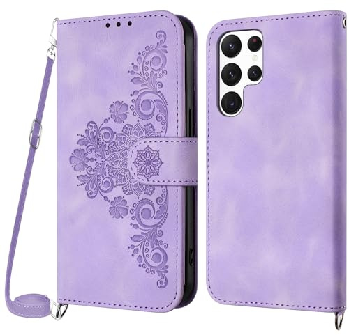 NETANY Coque pour Samsung Galaxy S23 Ultra avec Cordon, Etui pour Samsung S23 Ultra avec Cordon Collier, Housse en Cuir PU avec [Bandoulière Réglable] Lanyard Case Cover (Violet)