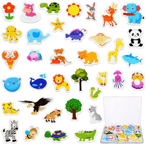 AUAUY 36PCS Wooden Animal Magnets, Cartoon Magnetic Animal Fridge Magnets for Magnetic Whiteboards, Photos, Maps, Office Stickers, Refrigerator Magnets Cute Educational Learning Toys for Kids
