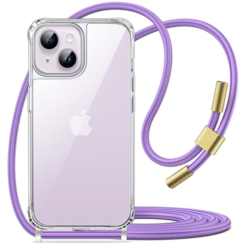 JETech Crossbody Case for iPhone 14 Plus 6.7-Inch with Adjustable Lanyard Strap, Clear Transparent Anti-Yellowing Shockproof Protective Phone Cover with Neck Cord (Purple)