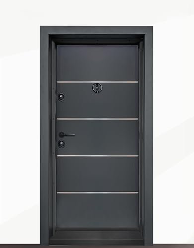 Porta Blindata D’Ingresso Nera con Dettagli in Alluminio Dotato di 2 Serrature Spioncino Portone dal Design Moderno PL38 (Apertura interna destra)