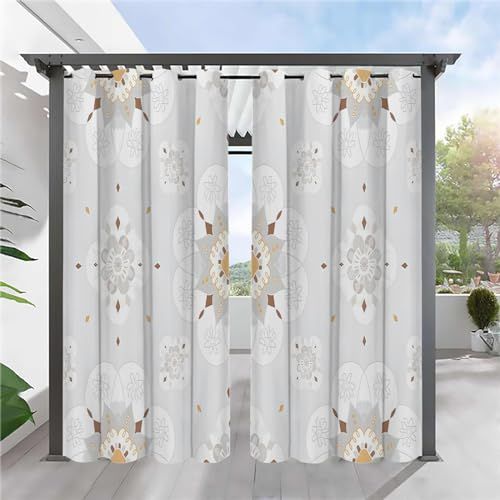 Boho Outdoor Vorhang Wetterfest mit Ösen, Blickdicht Wasserdicht Outdoor Gardinen Vintage-Muster, Sichtschutz Outdoorvorhänge für Garten Pavillon Balkon Terrasse 2 Stück B132xH275 cm WA&143